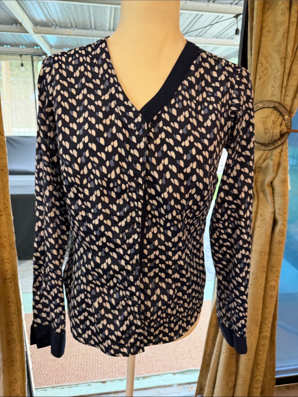 Navy and White Printed V-Neck Button Front Blouse